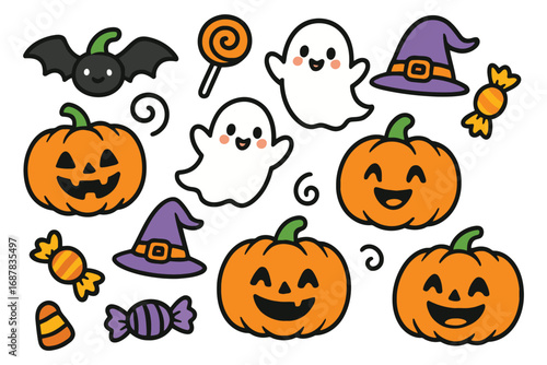 Cute halloween icons bat pumpkin ghost witch hat candy symbols