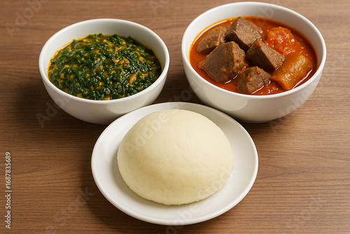 Pounded yam, Vegetable soup and stew with liver and pommo stock photo