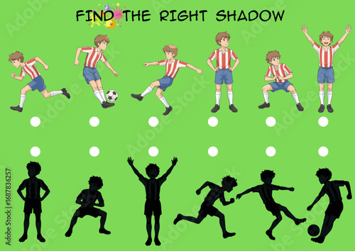 Child playing soccer and matching shadows in colorful illustration  