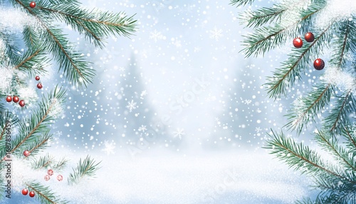 The illustration shows snow-covered pine branches with red berries against a softly blurred winter background of snow-covered trees.