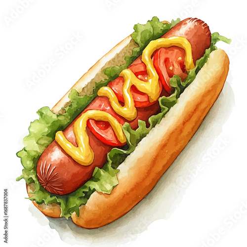 Hot Dog, watercolor vector, isolated on a white background.