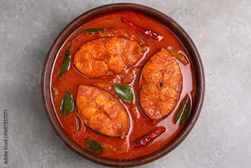 Top view of spicy and hot king fish curry Kerala Indian food stock photo 