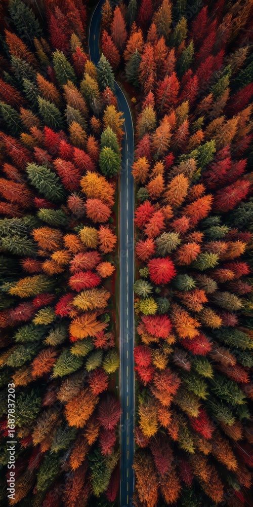 Fototapeta premium Aerial view of winding forest road surrounded by red and orange trees