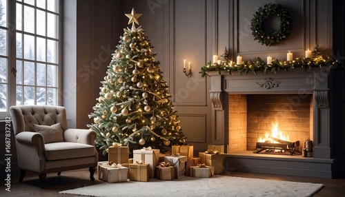 A cozy Christmas living room scene with a decorated tree, fireplace, and gifts.  Warm and inviting