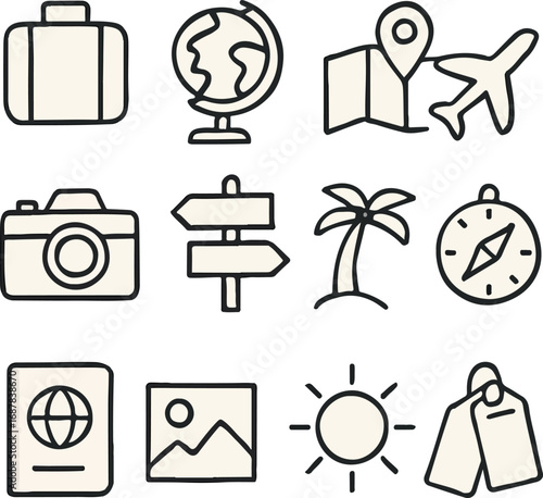 Travel and Tourism Line Icons Set – Vacation, Adventure, and Navigation Symbols