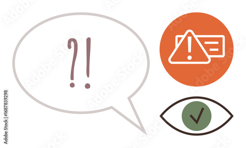 Speech bubble with question and exclamation marks, warning triangle, and verified checkmark in an eye. Ideal for communication, caution, verification, decision-making, dialogue, feedback simple flat