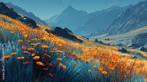 Vibrant Wildflower Meadow on a Sunlit Mountain Slope Offering a Breathtaking Panorama of Rolling Hills and Majestic Peaks Perfect for Landscape Photography and Outdoor Adventures