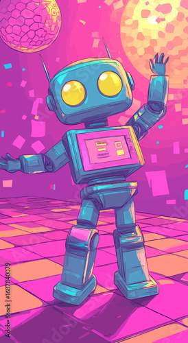 A charming robot displays its impressive dance moves on a vibrant dance floor illuminated by dazzling lights, exuding energy and happiness during a festive celebration