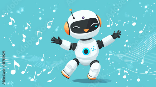 A vibrant teal background serves as the setting for a cheerful cartoon robot that dances to music notes