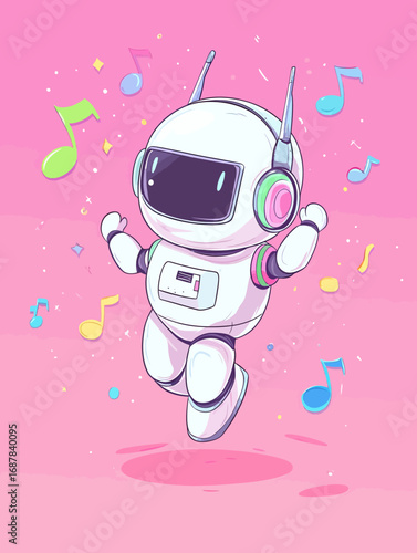 A robot filled with joy dances with a boombox, encircled by playful music notes and vibrant patterns, generating a fun and futuristic atmosphere