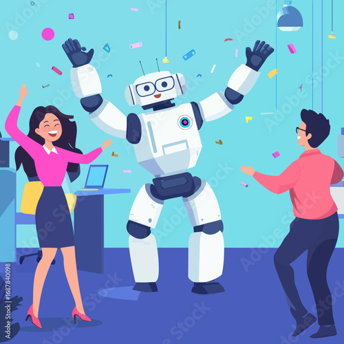 A modern office setting hosts a lively scene of a robot dancing alongside two enthusiastic coworkers