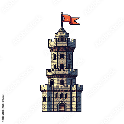 Medieval Castle Tower with Red Flag Illustration.