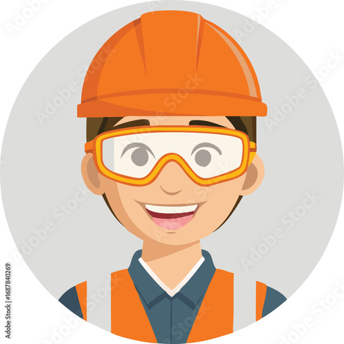 Cartoon illustration of a smiling construction worker in safety gear