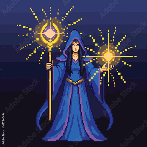 Mystical Sorceress with Glowing Staff and Orb in Pixel Art Style.