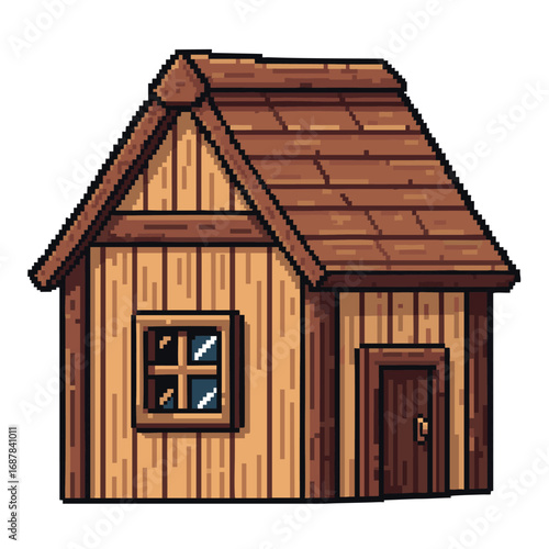 Rustic Wooden Cabin Pixel Art Illustration.