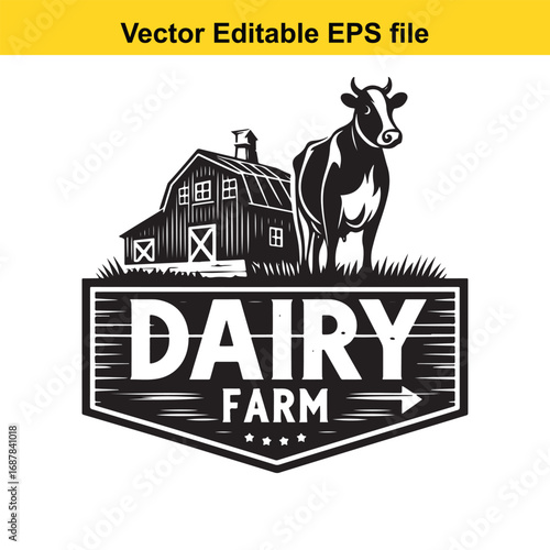 Dairy farm logo with cow and barn, isolated on white background