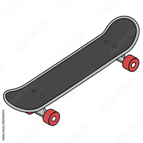 Classic black skateboard with red wheels isolated on white background