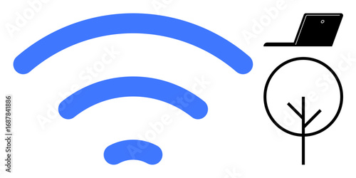 Blue wireless signal icon near a minimal tree and a laptop. Ideal for technology, connectivity, remote work, eco-friendly innovation, nature integration, flexible work, simple flat metaphor