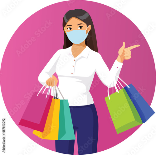 Woman wearing face mask holding shopping bags and pointing