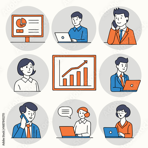 Diverse business professionals working and communicating in modern office settings