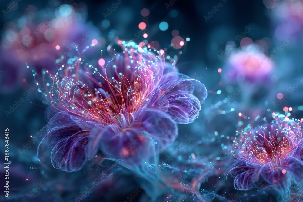 Fototapeta premium Colorful and luminous flowers bloom in an ethereal garden at twilight