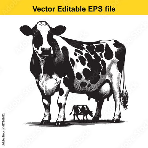 Black and white illustration of a cow and calf isolated on white background