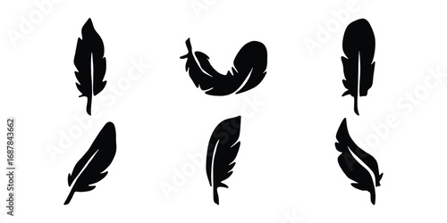 Feather Silhouette Vector Set. Black Feather Icons, Bird Feather Vector Illustration Silhouette Design