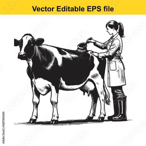 Farmer brushing a cow isolated on white background