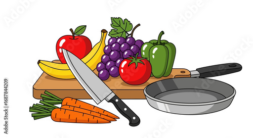 Culinary composition featuring fresh produce and cooking utensil on a wooden cutting board, perfect for food blogs and recipes