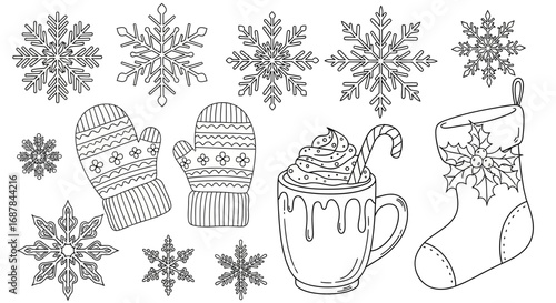 Winter holiday doodle collection with intricate snowflakes, knitted mittens, and hot cocoa. Hand-drawn vector illustrations for seasonal projects