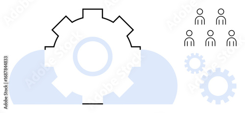 Large gear and smaller gears in clouds near a group of people, symbolizing teamwork, process automation, innovation, connectivity, operations, leadership, workflow management. Clean and simple flat