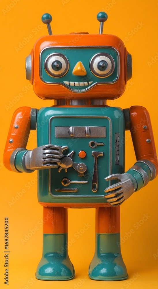 Fototapeta premium A lively robot is entertaining a crowd by dancing happily in a room decorated with a retro theme, complete with old-fashioned decor and bright colors that evoke a feeling of enjoyment