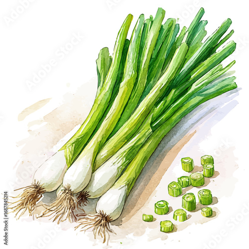 Green Onion, watercolor illustration vector, isolated on a white background.