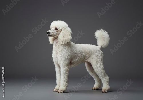 Immaculate White Poodle in a Perfect Show Pose on a Seamless Grey Backdrop.