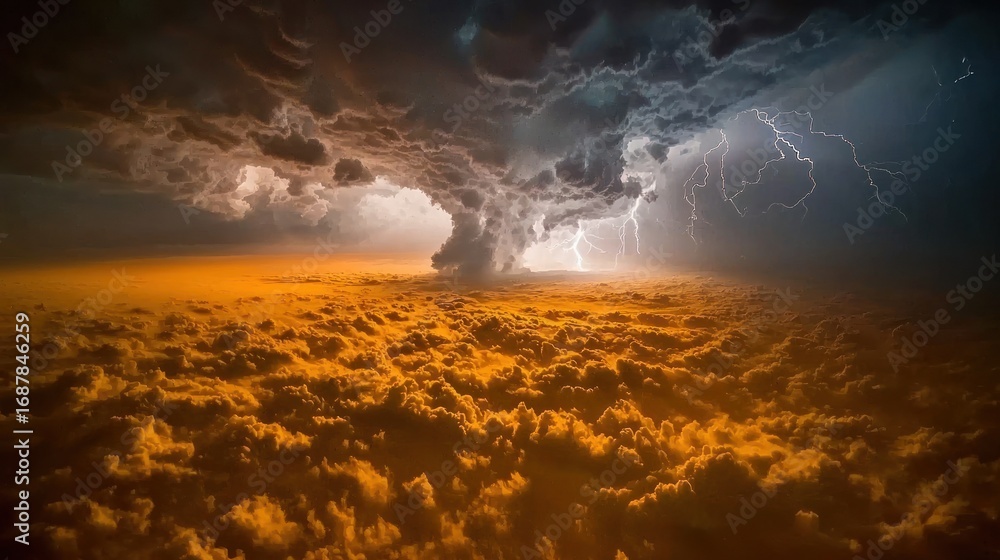 Naklejka premium Dramatic sunset with lightning striking a massive storm cloud.