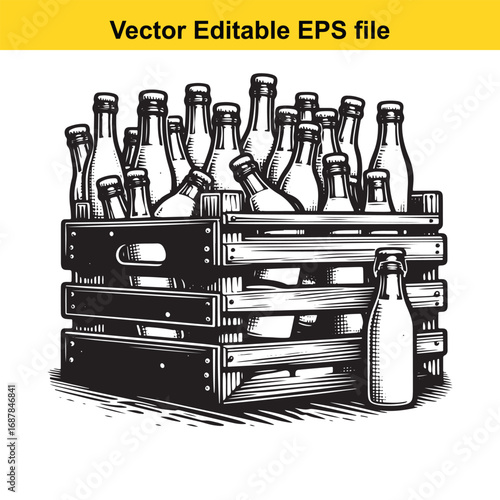 Wooden crate full of glass bottles, vector illustration