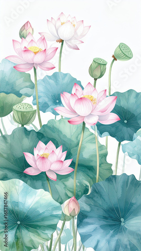 Beautiful watercolor illustration of pink lotus flowers and green leaves, symbolizing purity, peace, and nature, set against a clean white background for artistic elegance.
