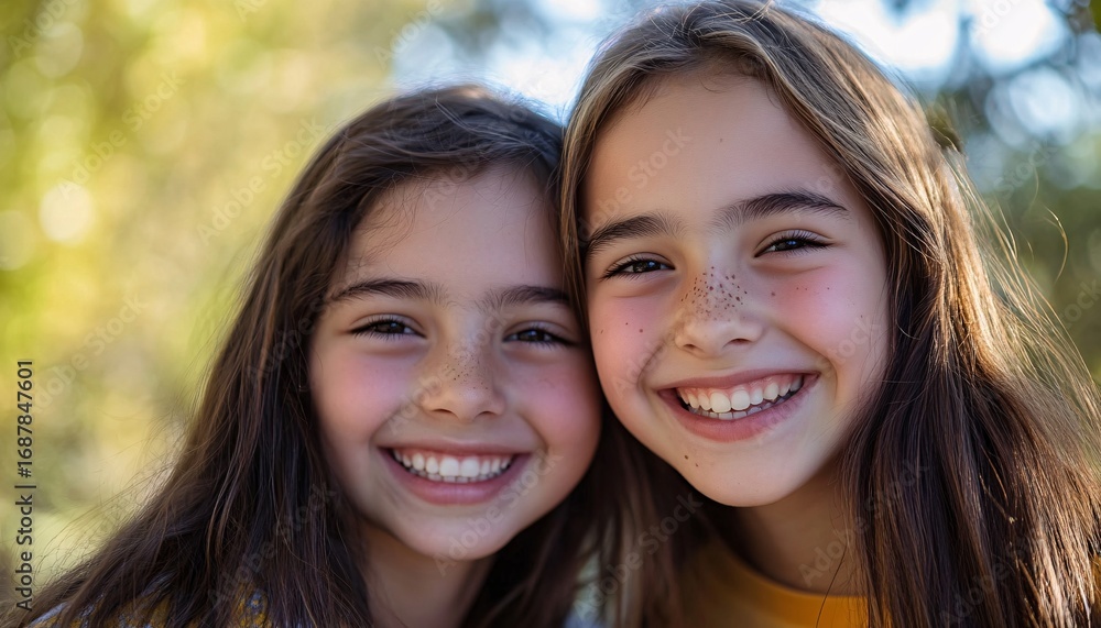 Obraz premium Two girls with long brown hair and freckles are smiling cheerfully, their heads close together against a blurred green background.