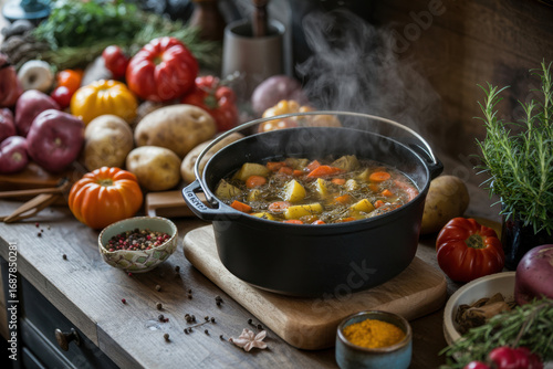 Hot vegetable stew simmering in cast iron pot with fresh produce on table