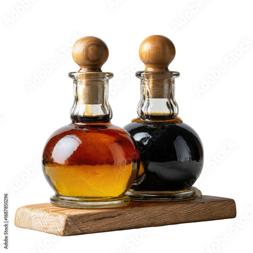 Two glass bottles of vinegar, amber and dark, rest on a wooden board