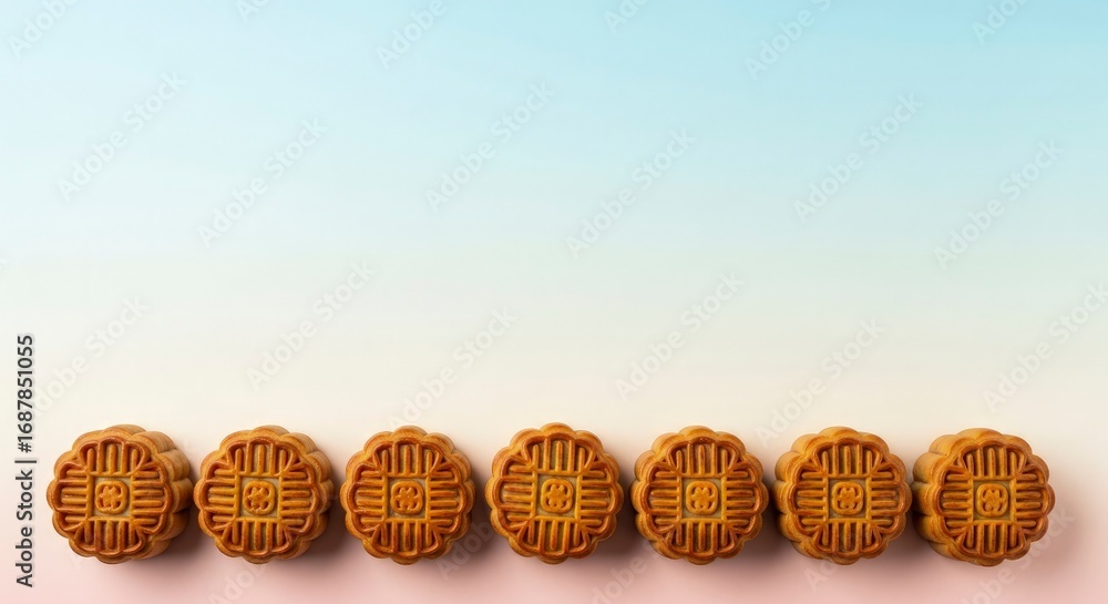 Fototapeta premium Seven Intricate Mooncakes in a Perfect Row on a Soft Pastel Gradient.