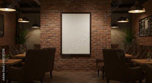 Blank poster frame on brick wall in restaurant with tables chairs and hanging lights interior scene