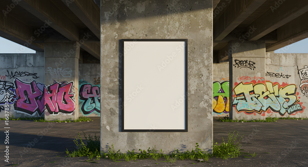 Fototapeta premium A blank poster fixed on a concrete pillar under a bridge with graffiti on the surrounding walls