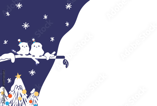 クリスマスと冬の夜空とシマエナガのイラスト背景/Christmas and Winter Night Sky Long-tailed Tit Illustration Background