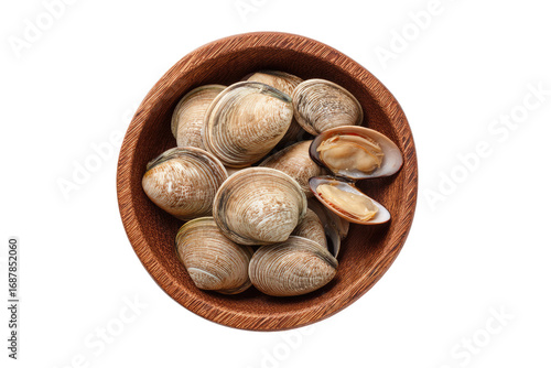 Fresh clams in a wooden bowl, top view