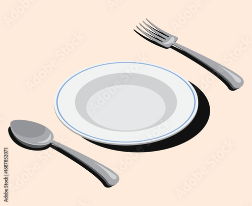 Isometric cutlery set with spoon, fork, and plate. Isometric cutlery. Isometric tableware. Vector illustration
