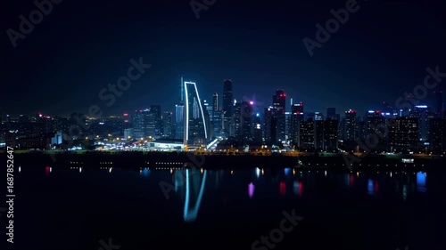 Night Cityscape Glowing Skyscrapers Reflected in Dark Water