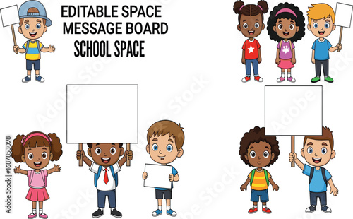 Cartoon children, blank signs, editable space, message board, school theme, diverse kids, colorful outfits, cheerful expressions, classroom poster, promotional design, happy students, 