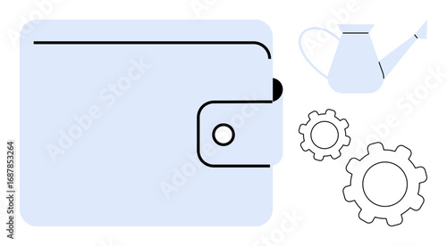 Wallet symbolizes savings, gears denote strategy, and watering can represents growth. Ideal for personal finance, investment, productivity, strategy, financial management, economic growth and simple