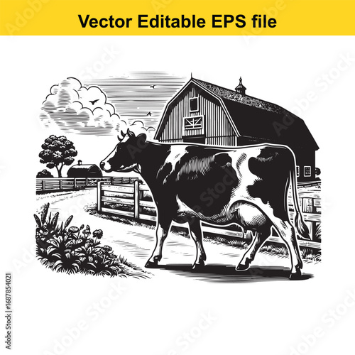 Farm cow standing in front of barn, vector illustration